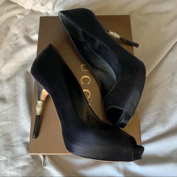 Gucci Shoes 39 Heels Peeptoe Raso Seta Nero 600 - Picture 5 of 13